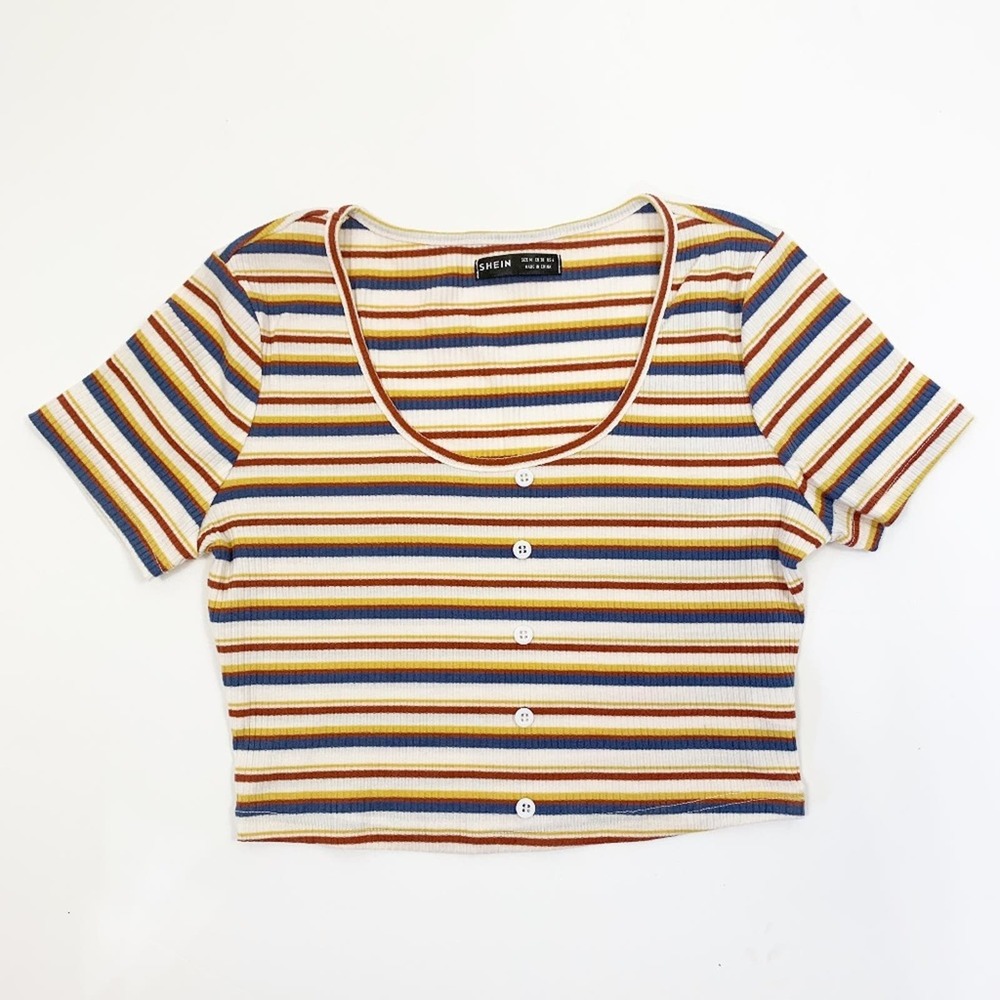 Shein Striped Button Front Tee Size M - image 2